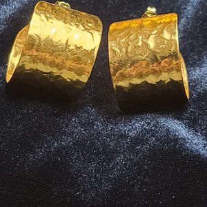 Hammered Gold Hoop Earrings, 14kt, Vintage
